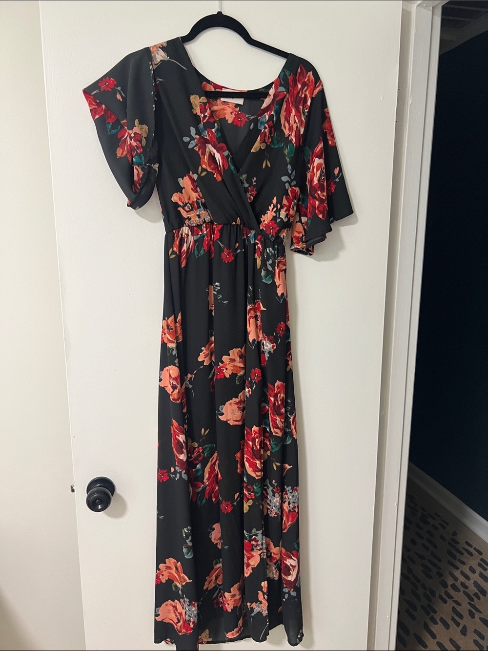 Everly Black Maxi Dress with Red & Coral Floral Print